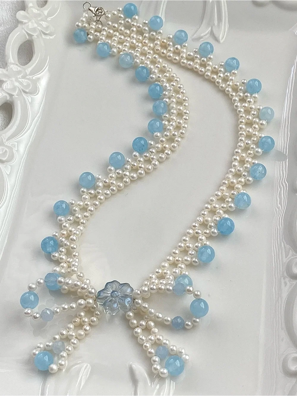 GP89-Hand Braided High Quality Baby Pear And Aquamarine Bow Necklace